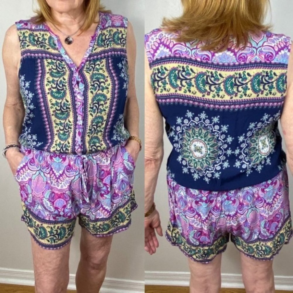 Umgee Jeweltone Print Sleeveless Romper Purple Size Large Bohemian Pockets Boho
